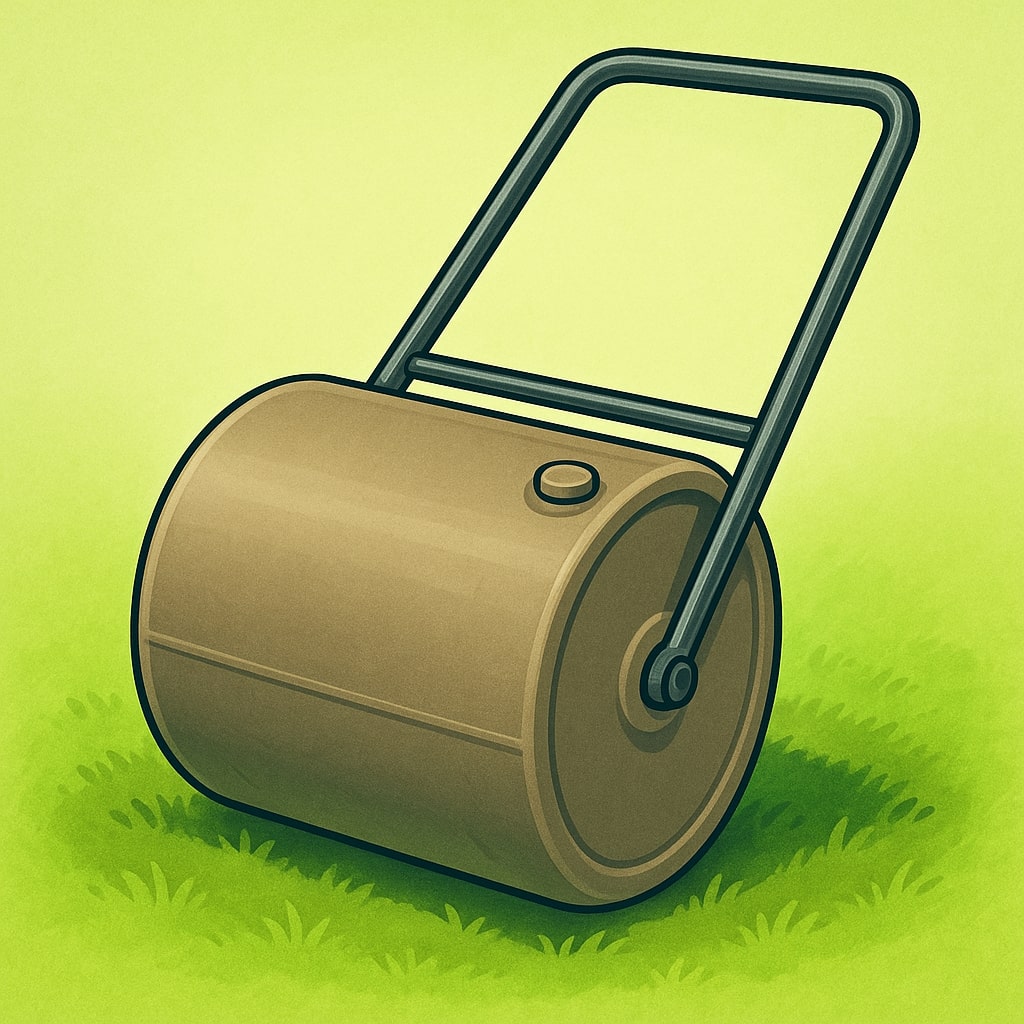 A green polyethylene lawn roller attached to a lawn tractor.