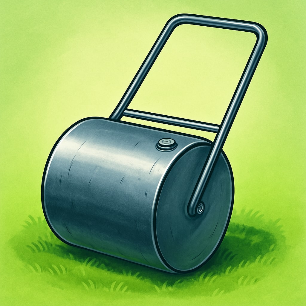 A heavy-duty steel lawn roller with scraper bar.