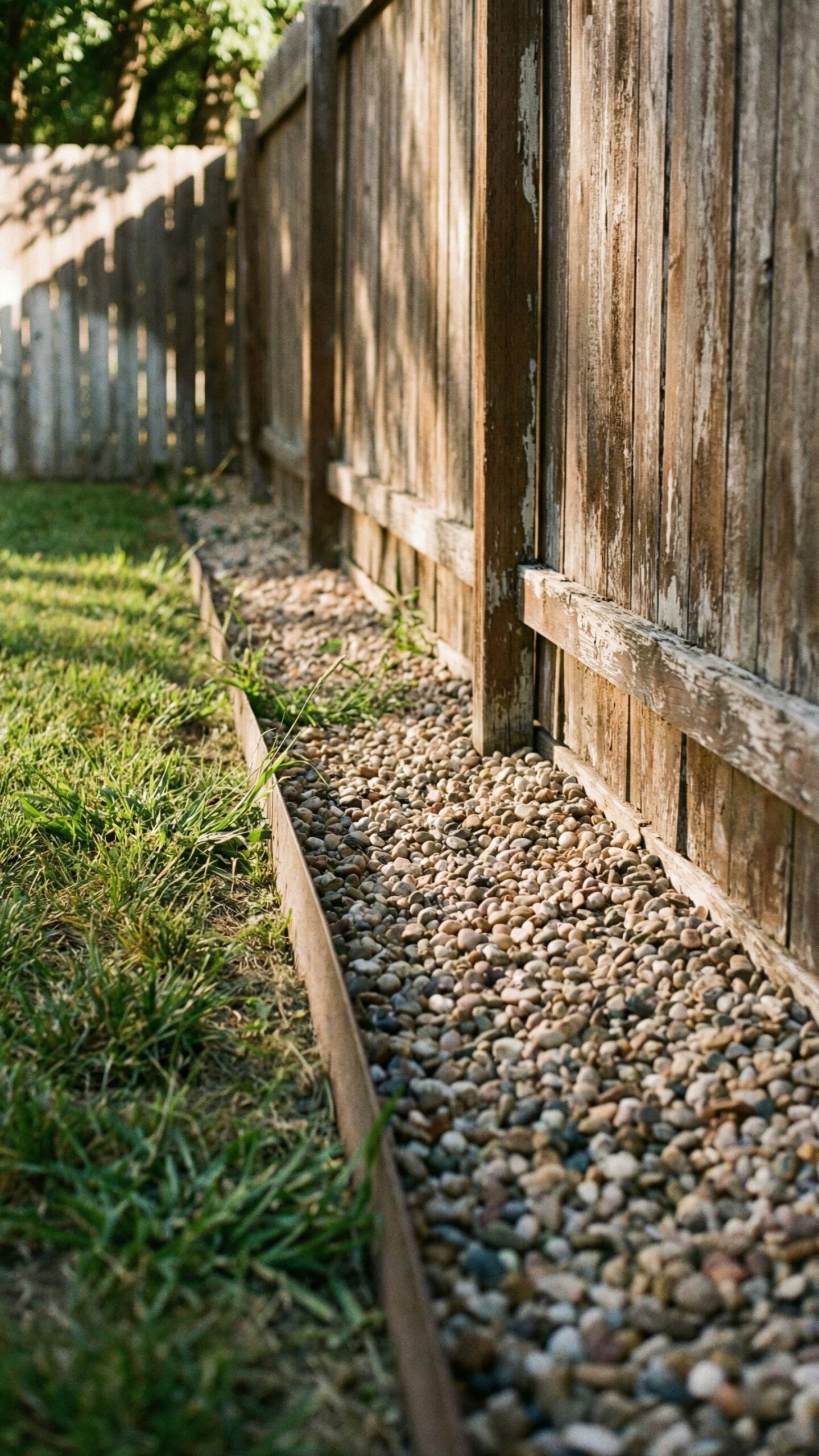 Gravel or paver mowing strip along fence