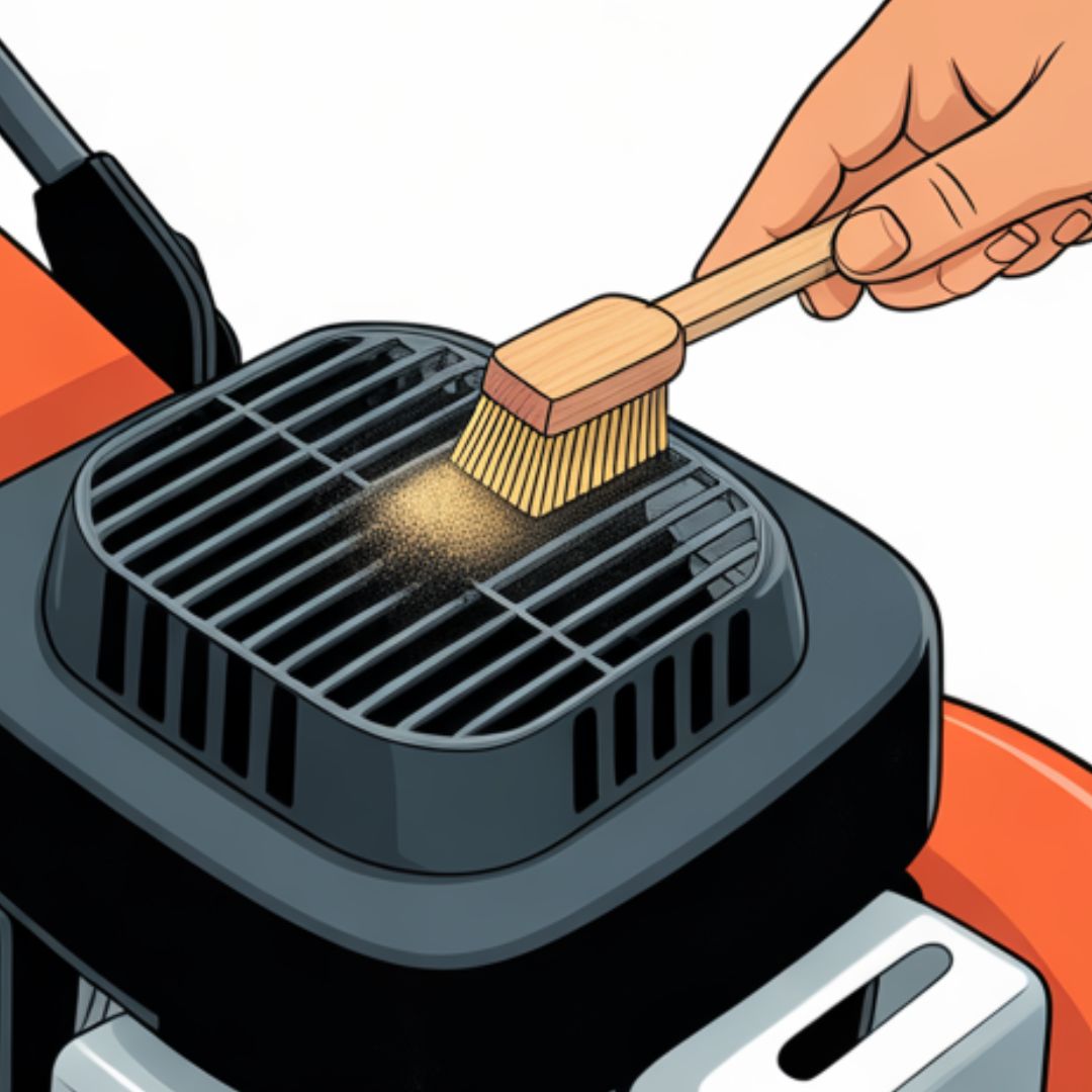 Cleaning mower engine cooling fins