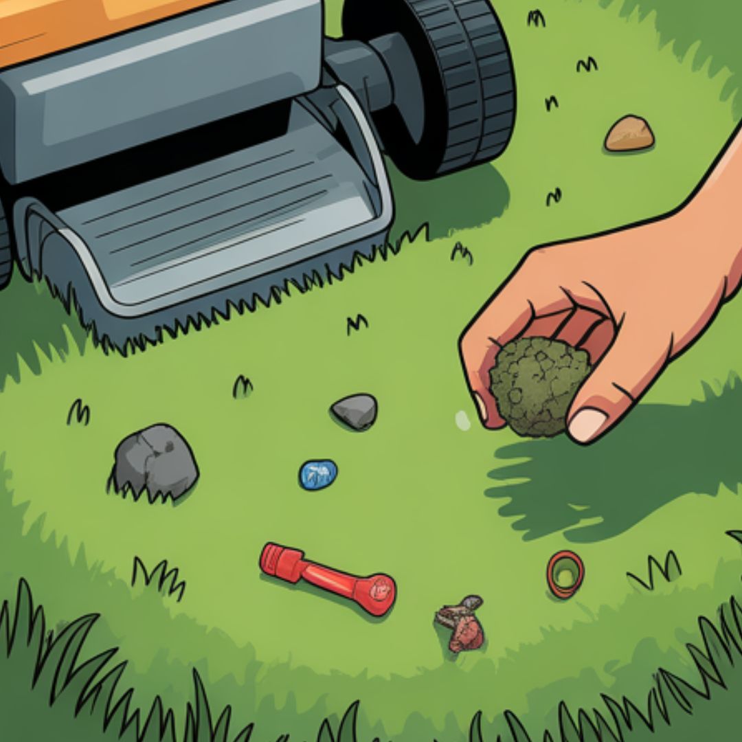 Walking yard to clear sticks and rocks