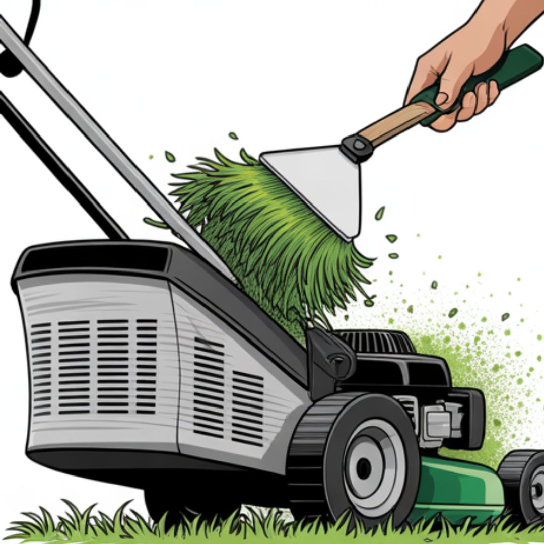 Cleaning grass buildup from a mower deck