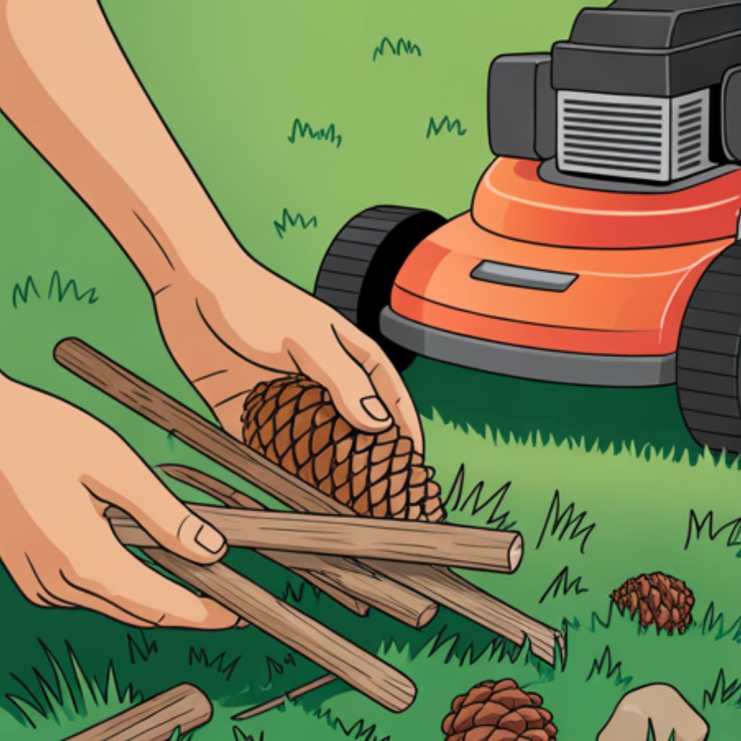 Remove big debris before mowing
