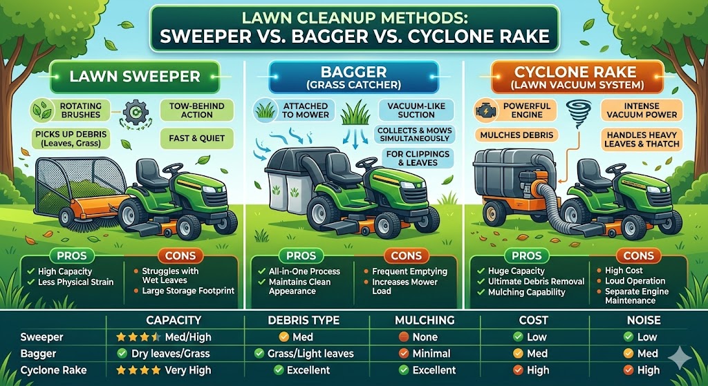 Lawn Sweeper vs Bagger vs Cyclone Rake