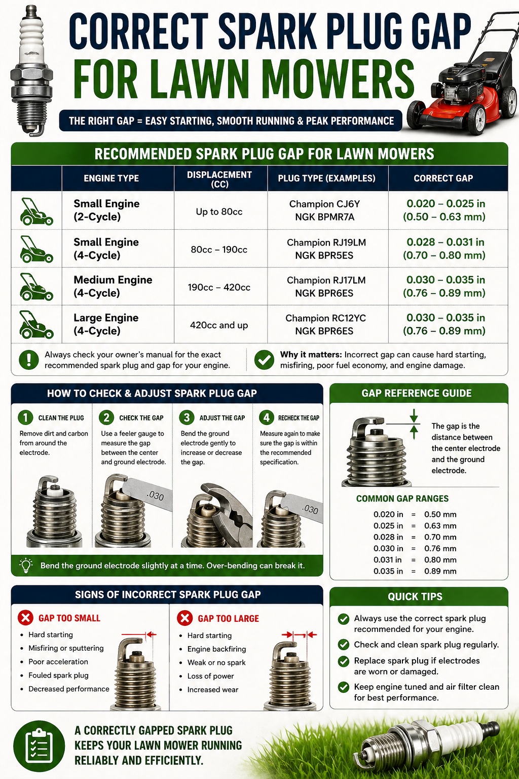 Correct Spark Plug Gap for Lawn Mowers Infographic